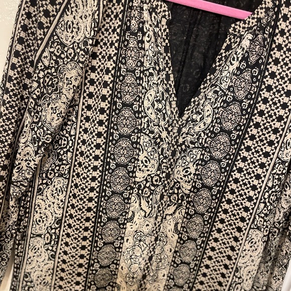 Lucky Brand Black Tan Midi Long Slv V neck Dress Pockets Tribal Boho Festival S - Picture 7 of 12